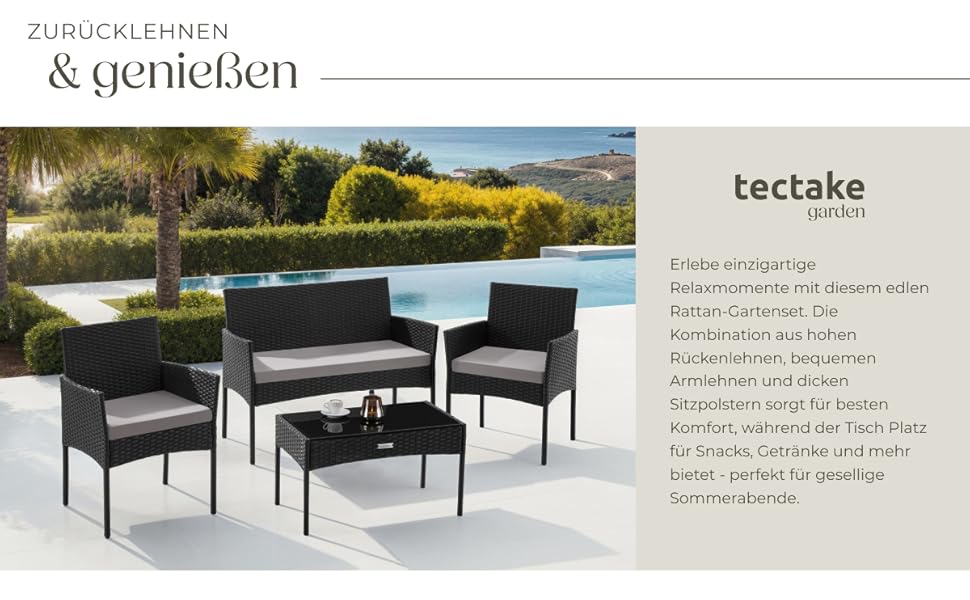 Набір садово-розплідницьких меблів tectake® з ротангу: банкетка, 2 крісла, столик, подушки, чорний колір. Меблі для балкона, тераси, саду.