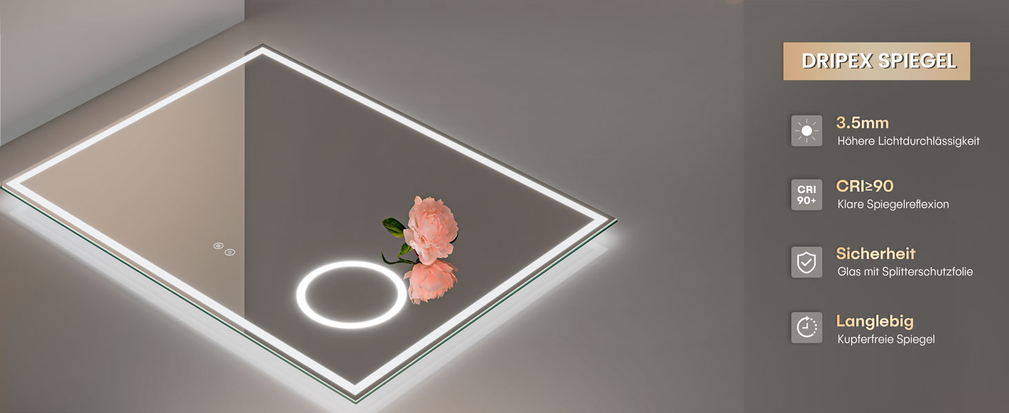 Дзеркало для ванної кімнати з LED-підсвічуванням Dripex, 50x70 см, сенсорне керування, антизапар, холодне біле світло 6400K, енергозберігаюче