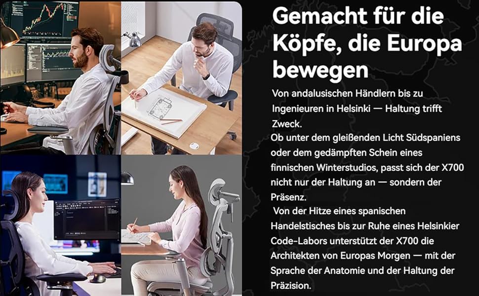 Офісний крісло MUSSO X700 з регульованою поперековою підтримкою GlideTrack, 6D підлокітниками, 4D підголівником та зсувною основою та підставкою для ніг – інтелектуальний комфорт для роботи, навчання та геймінгу (чорний)