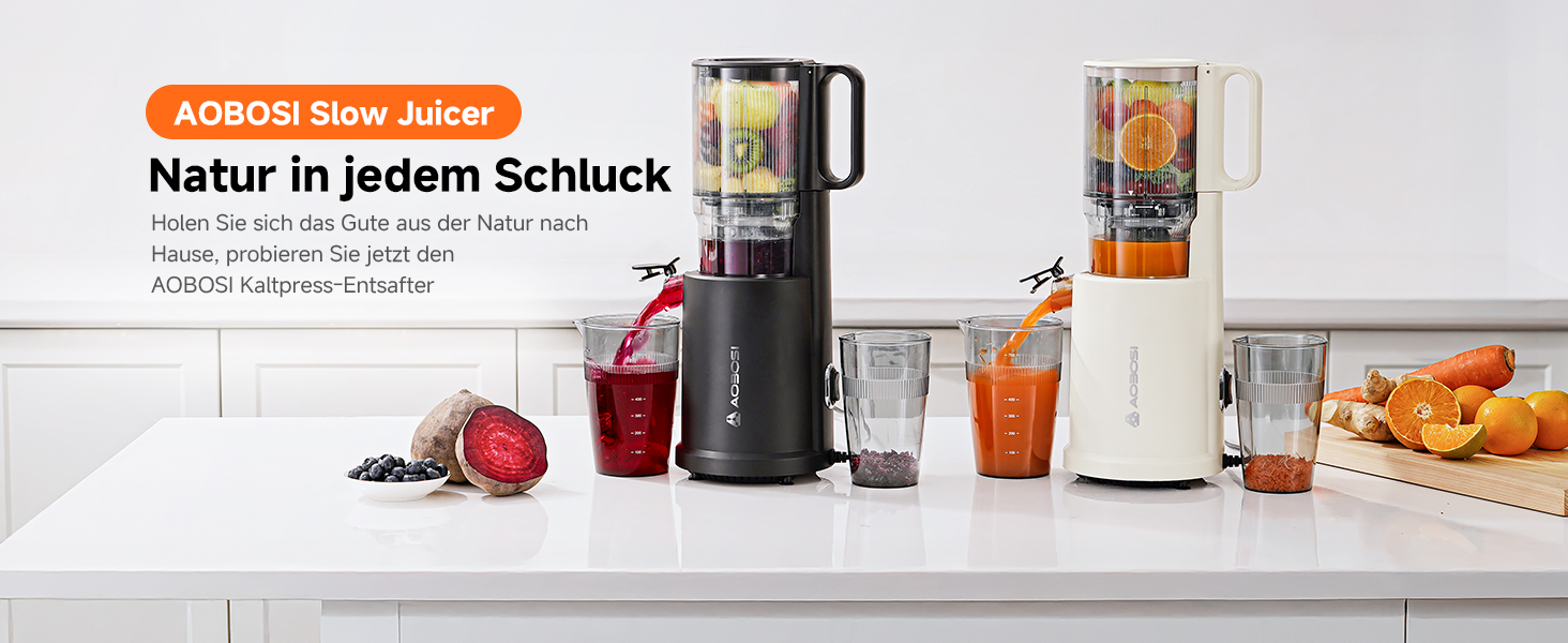 AOBOSI Повільнодіючий соковитискач з великою завантажувальною воронкою 135 мм, 200 Вт, холодний віджим, зворотний хід, потрійний фільтр, BPA-free, тихий, для свіжих соків з фруктів та овочів, чорний