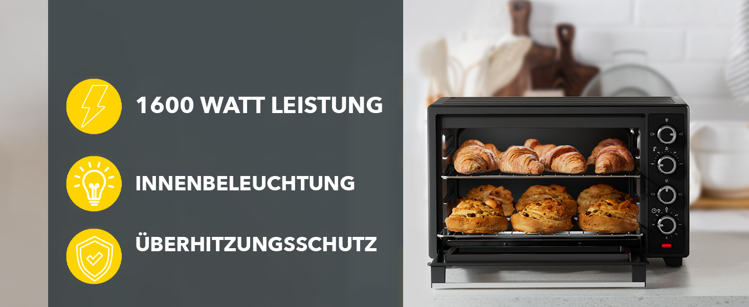 Багатофункціональна міні-піч Heinrich's з об'ємом 48 літрів, конвекція, таймер 8 год, підсвітка, 100-230°C, сенсорне керування, аксесуари, чорний, 2000W