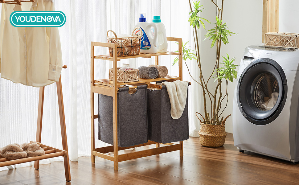 Кошик для білизни YOUDENOVA з бамбукового каркасу, 2 відсіки, 2 висувні мішки для білизни, 93x64x33 см, 70 л, сірий