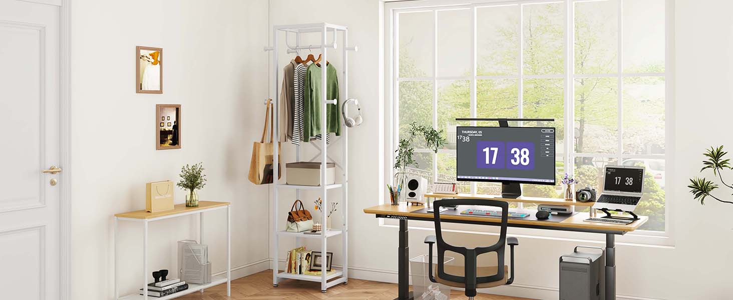 Стійка для одягу IBUYKE, вішалка для одягу з 3 полицями та 8 гачками, індустріальна стійка для передпокою, коридору, спальні, натуральний колір та білий, TMJ088R (180 x 40 x 30 см)