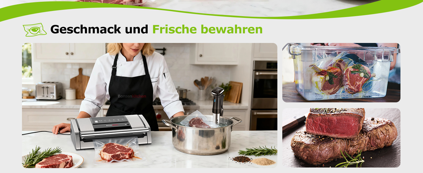 Вакууматор Bonsenkitchen VS5100 для Sous-Vide, 15 л/хв, з вбудованим різаком та кліпсою для пакетів, сріблястий