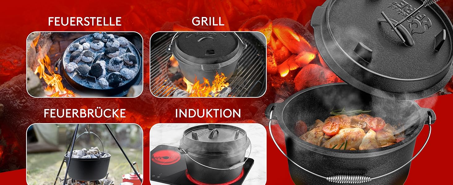 Набір чавунного казана BBQ Dutch Oven [Das Original] 10,8 л з підставкою та кришкою-гриль 2,2 л, піднімачем та електронною книгою рецептів