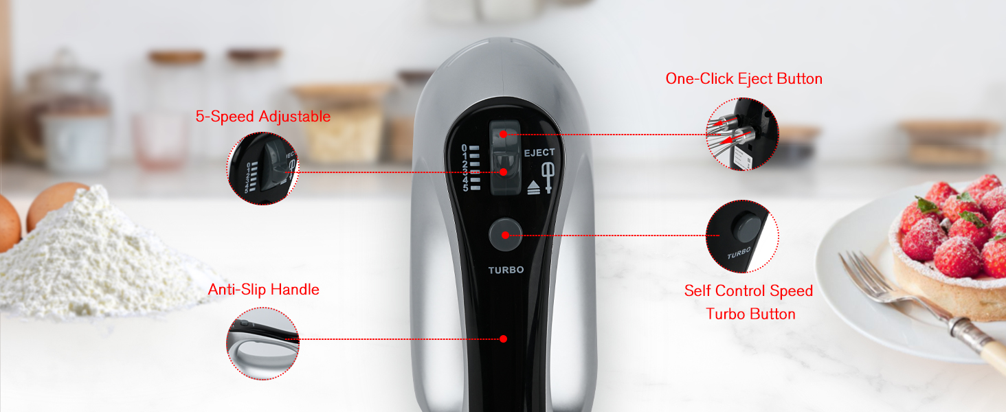 Електричний міксер Lychee з анти-розбризкуванням, 6 насадок, 5 швидкостей + Turbo, 300W, для кухні та випічки