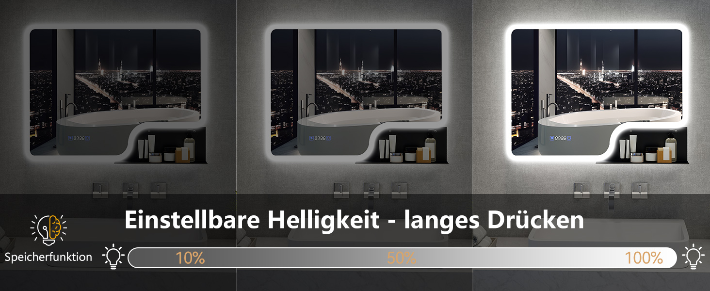 Дзеркало для ванної кімнати YOURLITE з LED-підсвічуванням 100x60 см, сенсорне керування, годинник, антизапар, 3 кольори світла, регулювання яскравості, без запотівання, функція пам'яті, білий