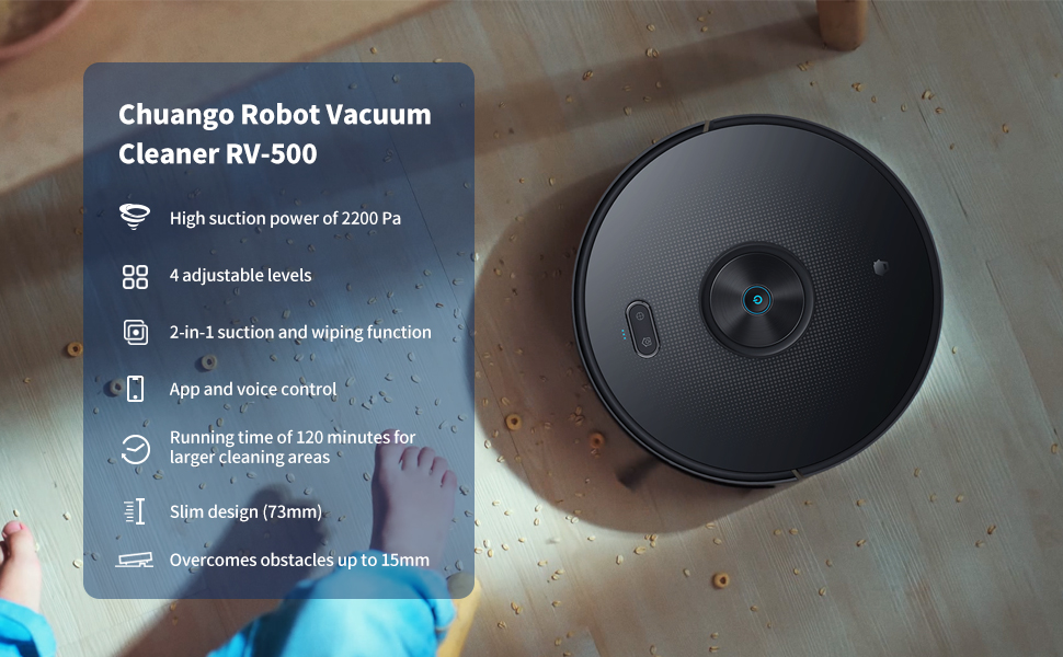 Робот-пилосос Chuango RV-500 з функцією миття підлоги, 4 режими очищення, 500 мл контейнер для сміття, 300 мл резервуар для води, сила всмоктування до 2200 Па, час роботи до 150 хв