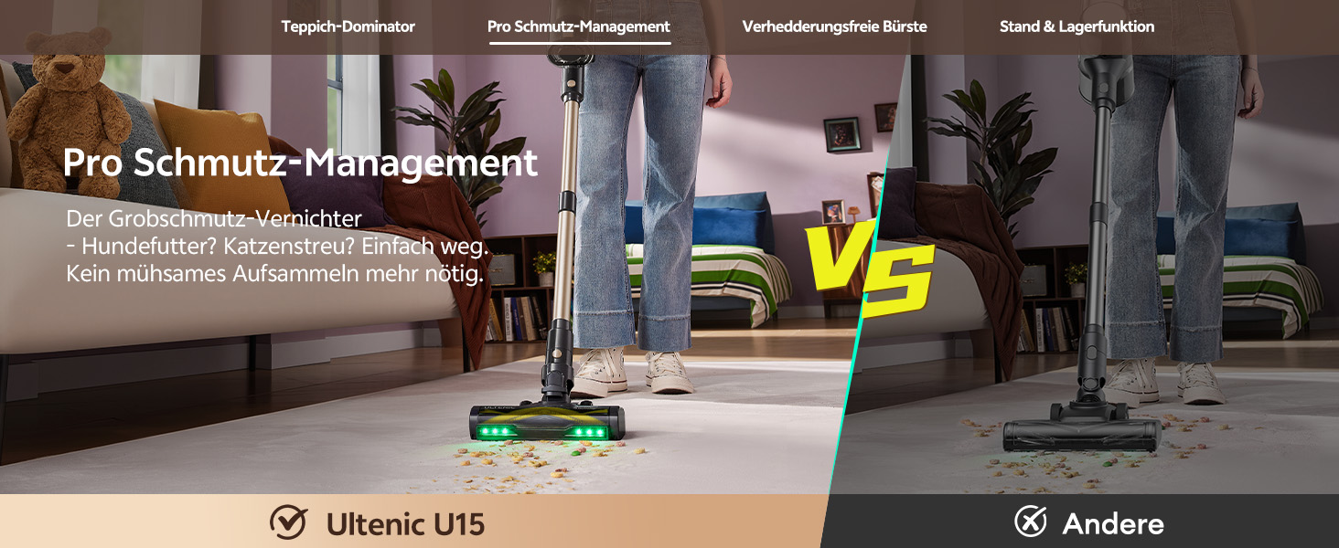 Бездротовий пилосос Ultenic з акумулятором, 50000Pa, 65 хв роботи, GreenEye, телескопічна труба, 6-ступенева фільтрація, антизаплутувальна щітка, для шерсті тварин/килимів/твердих поверхонь, колір шампань