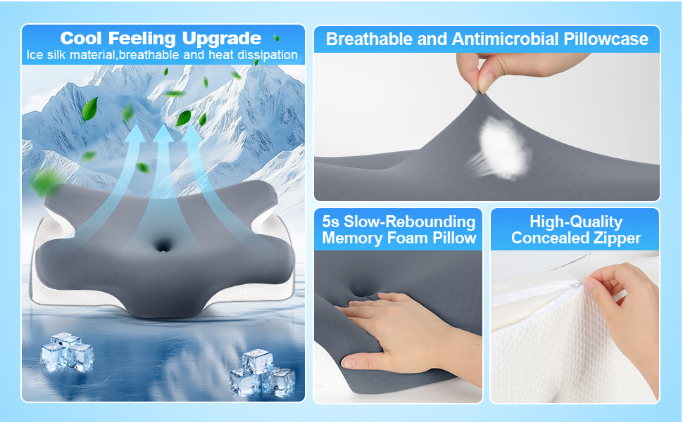 Ортопедична подушка для шиї LNZHAO з memory foam - підтримка для сну на боці, спині та животі - для зняття болю в шиї та плечей (темно-сіра)