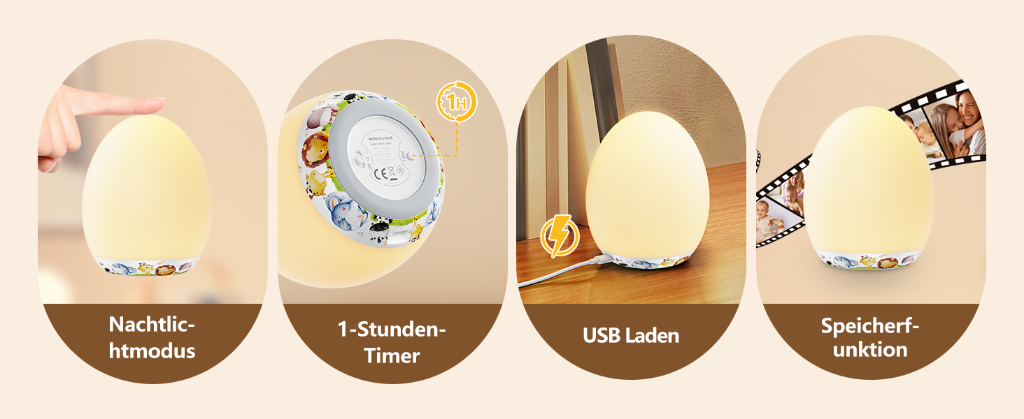 Нічник-ліхтарик MediAcous для дітей та малюків з 8 кольорами, регулюванням яскравості, таймером 1 година та сенсорним керуванням. Декоративний нічник з мисливцями для дитячої кімнати (білий)