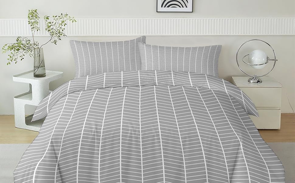 Сіра постільна білизна 180x200 см з геометричним дизайном, двостороння, з м'якої мікрофібри, для алергіків, 3 частини (1 ковдра + 2 подушки), з блискавкою, сучасний дизайн