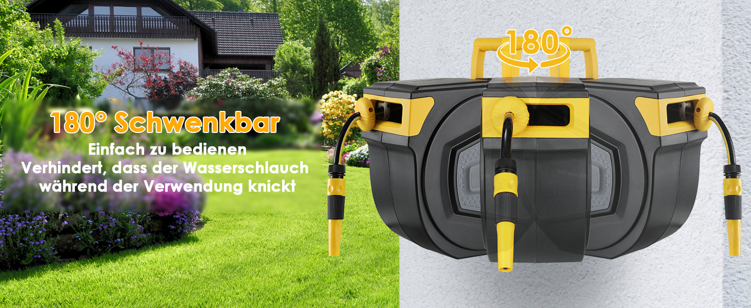 Шланговий барабан з шлангом для саду з автоматичним змотуванням, поворотний на 180°, настінна шланговий бокс з ручною лійкою (9 функцій), для поливу та миття авто (чорно-жовтий, 30м)