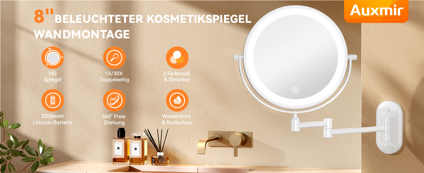 Дзеркало для макіяжу Auxmir з підсвічуванням, 1x, перезаряджуване, з підсвічуванням для гоління, настінне, з регулюванням яскравості, збільшувальне (30x), 3 кольори світла, поворотне на 360°, для ванної кімнати (білий)