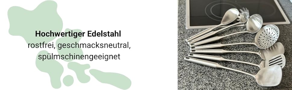 Набір кухонних помічників 7 шт. з нержавіючої сталі - високоякісні кухонні аксесуари для вока та кухні (ложка для подачі, шумовка, лопатка, лопатка для риби, половник, ложка для спагеті, лопатка для вока)