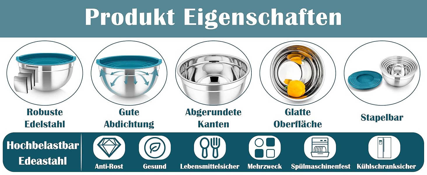 Набір салатниць TEAMFAR 6 шт. з нержавіючої сталі з кришками та силіконовим дном, 0,7L / 1,5L / 1,6L / 2,5L / 2,8L / 4,6L (блакитний)