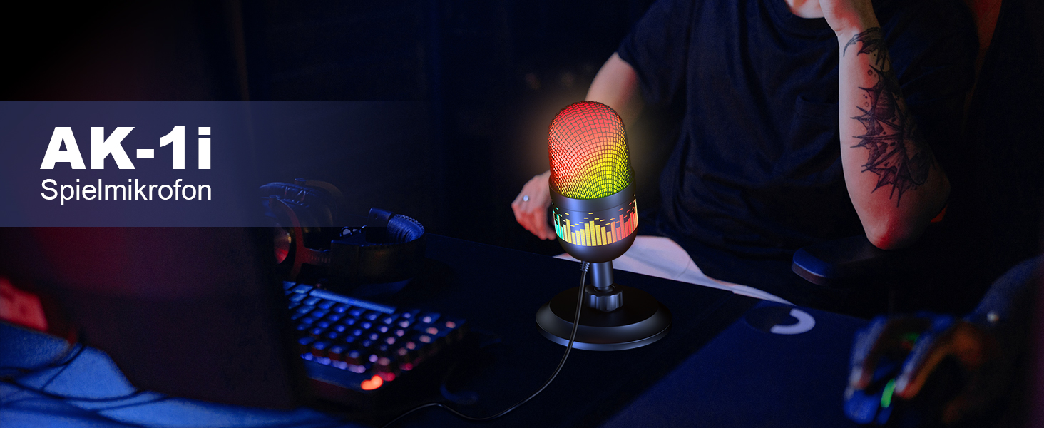 Мікрофон Aokeo для запису та стрімінгу: USB мікрофон для ПК, Mac, PS4/5, з LED-підсвічуванням
