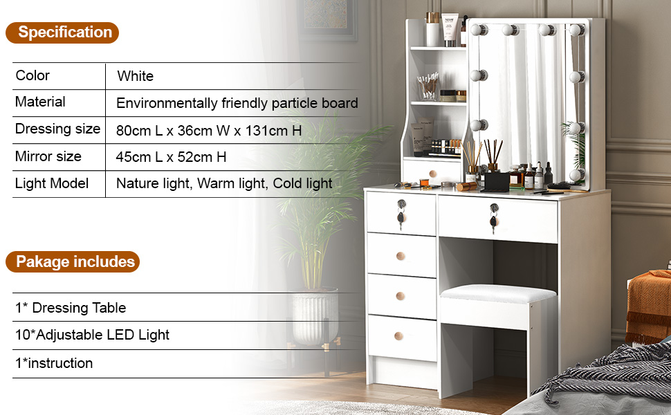 Туалетний столик зі світлом та дзеркалом, з пуфом, 6 шухляд та 6 полиць, 80x36x130 см (PW5)