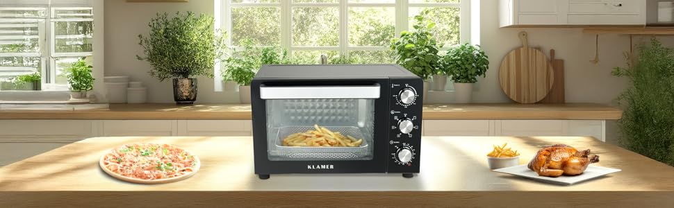 Міні-піч Klamer з конвекцією (30 літрів), 6 режимів випікання, 70-230°C, таймер 120 хв, з поворотним шампуром, грати для гриля, дека для крихт, 1500 Вт, піца Ø30см, чорний