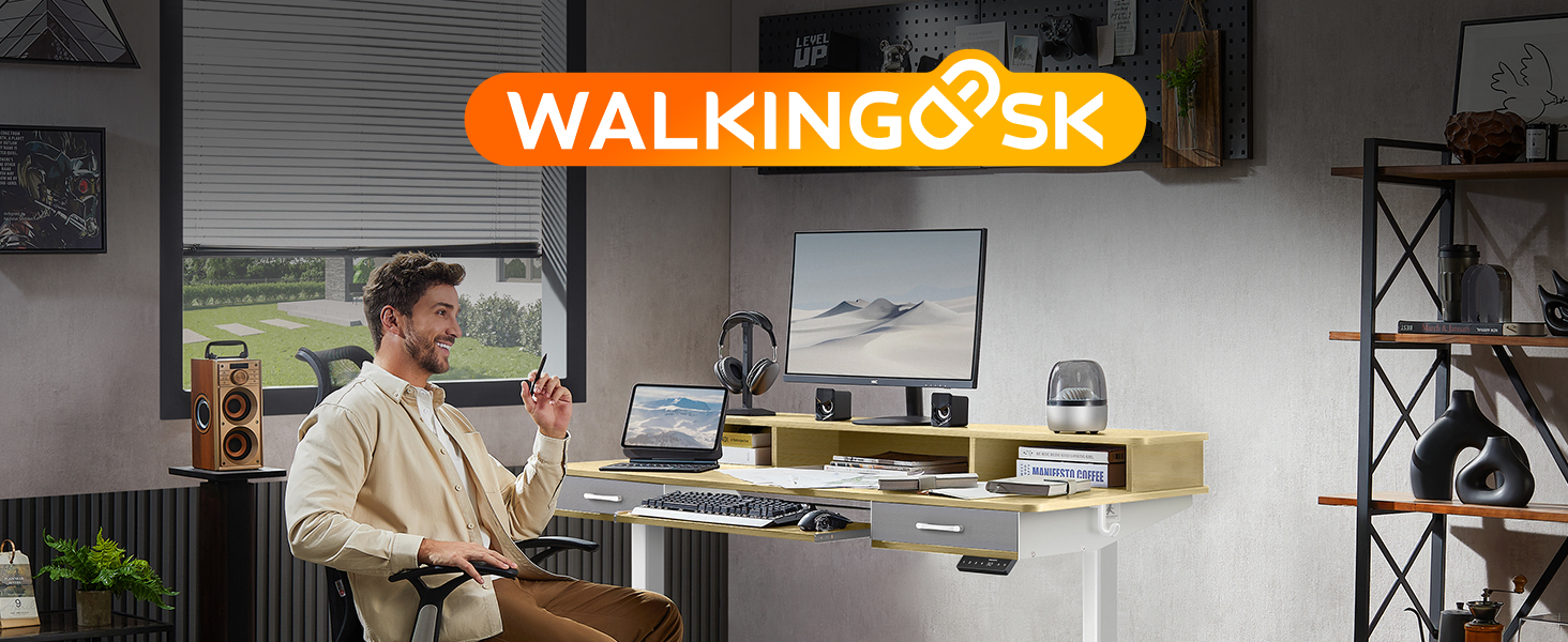 Регульований стіл WALKINGDESK для дому та офісу: електричний, з ящиками та підставкою для клавіатури (160x60 см, білий дуб)