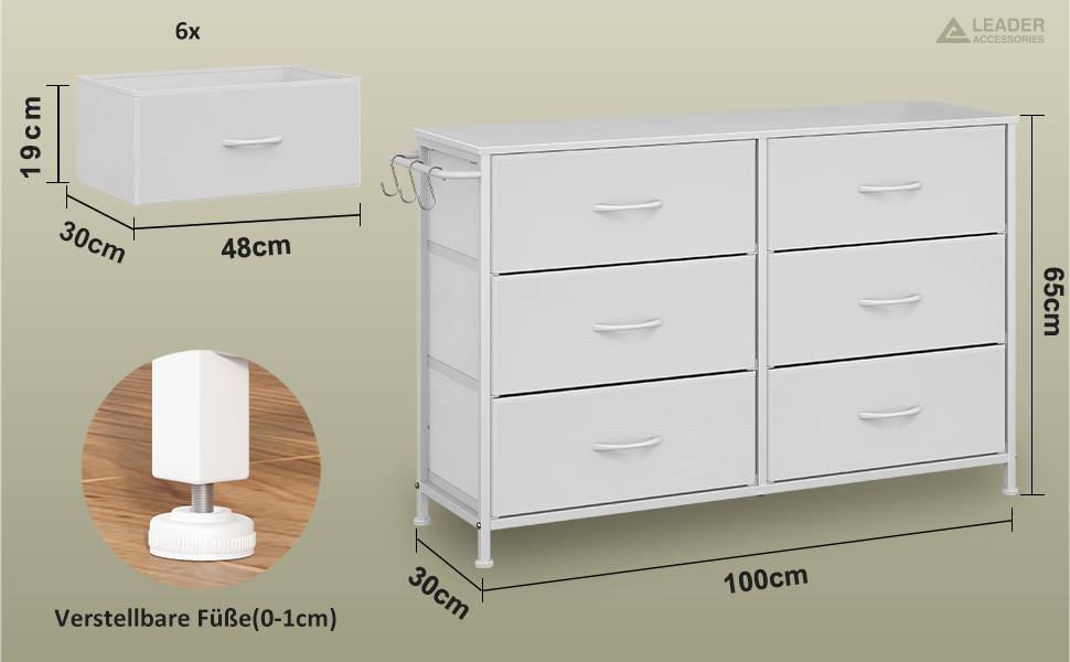 Комод Flur з 6 висувними ящиками з тканини - промисловий комод для вітальні з металу - комод для передпокою в стилі рустік - комод для спальні з тканини для одягу - білий 100x30x65 см, 6 ящиків - 100x30x65 см білий