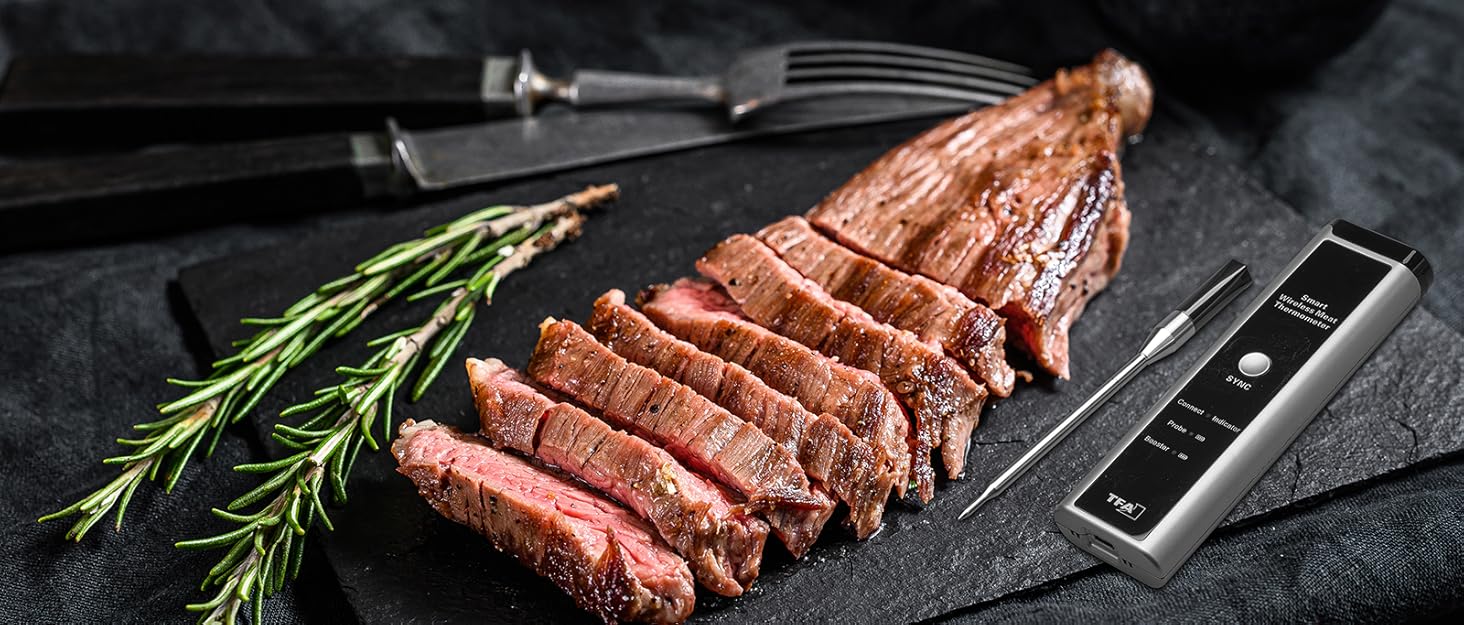Бездротовий термометр для м'яса TFA Dostmann SMART BBQ з дальністю 70 м, для гриля/духовки/фритюрниці, миється в посудомийній машині, чорно-сірий