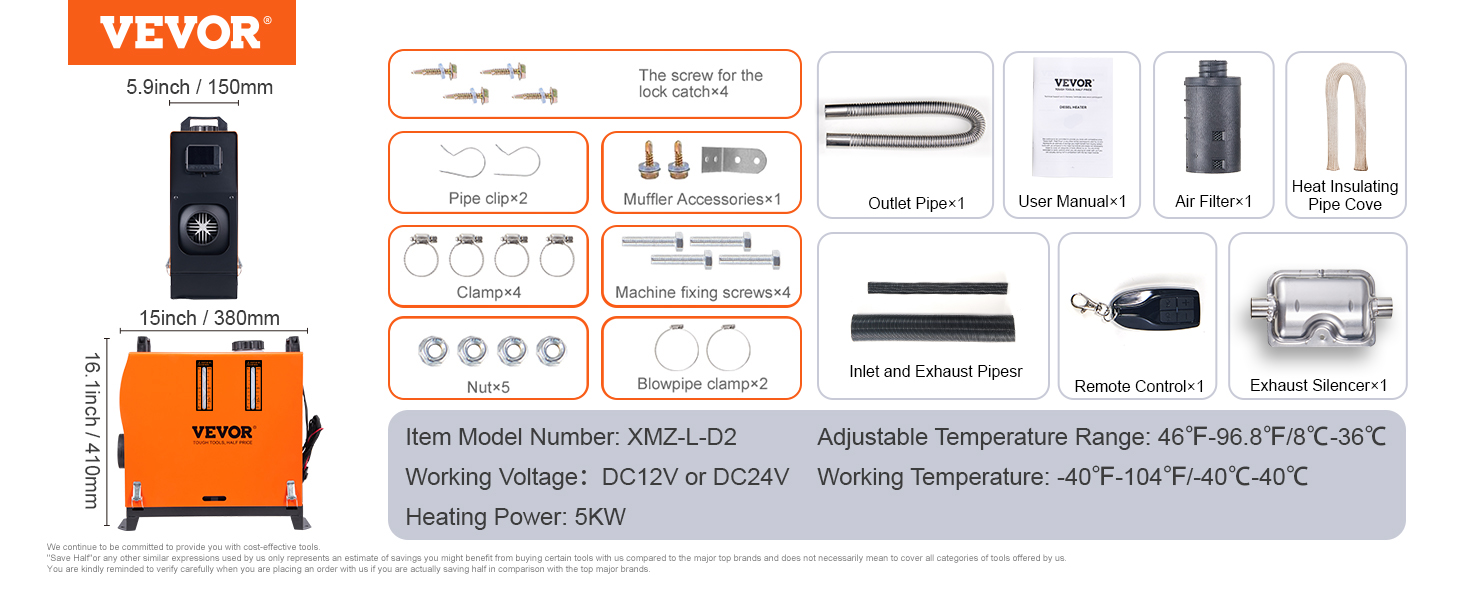 Автономний дизельний опалювач VEVOR 12V 5kW з LCD-дисплеєм та пультом дистанційного керування - дизельний опалювач повітряного типу
