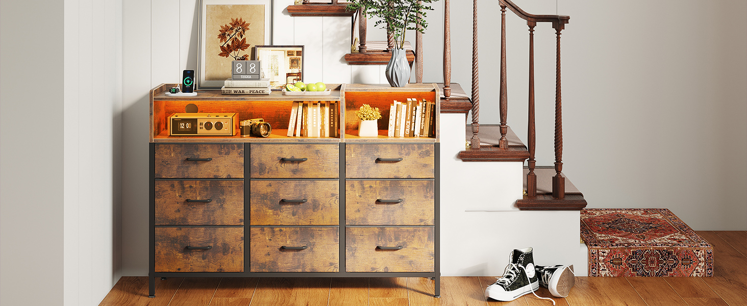 Комод ODK з шухлядами, 2 розетки, 2 USB, 10 LED-смужок, полиця-стільниця, 9 тканинних шухляд, чорний (ретро стиль), 130x30x97 см