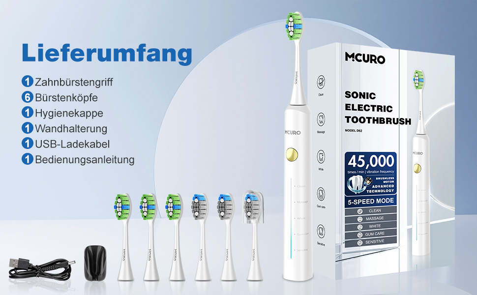 Електрична звукова зубна щітка з 6 насадками DuPont, 5 режимів, таймер, індикатор заряду, 120 днів роботи від акумулятора, 45000 VPM, відбілювання за 1 тиждень