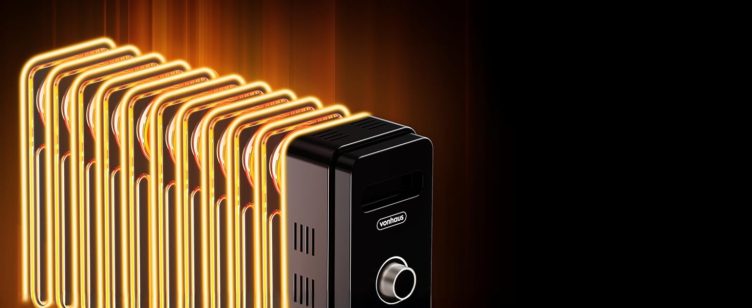 Масляний радіатор VonHaus 2.5 кВт з термостатом - білий/чорний, 11 ребер | Електричний обігрівач для дому та офісу