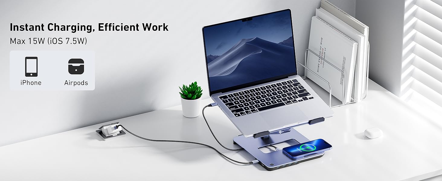 Підставка для ноутбука BENFEI з алюмінію з USB-C док-станцією 6в1, 15W Mag-Safe зарядкою, USB 3.0 KVM Switch, HDMI 4K@60Hz, 4*USB3.0, 100W PD для MacBook Pro/Air iPad Pro XPS Thinkpad