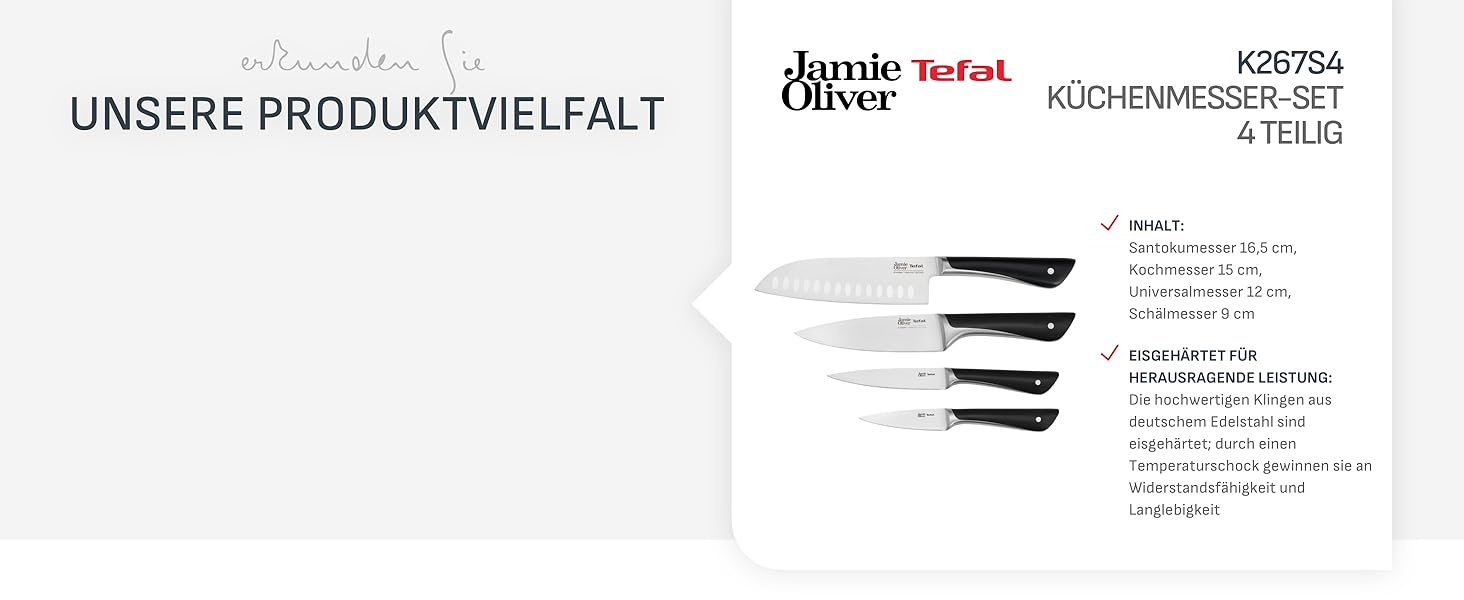Набір кухонних ножів Jamie Oliver від Tefal з підставкою, 6 предметів: кухонний, сантоку, для хліба, універсальний та ніж для чищення, сталь з криозагартуванням, блок з акації, коричневий, K267S556