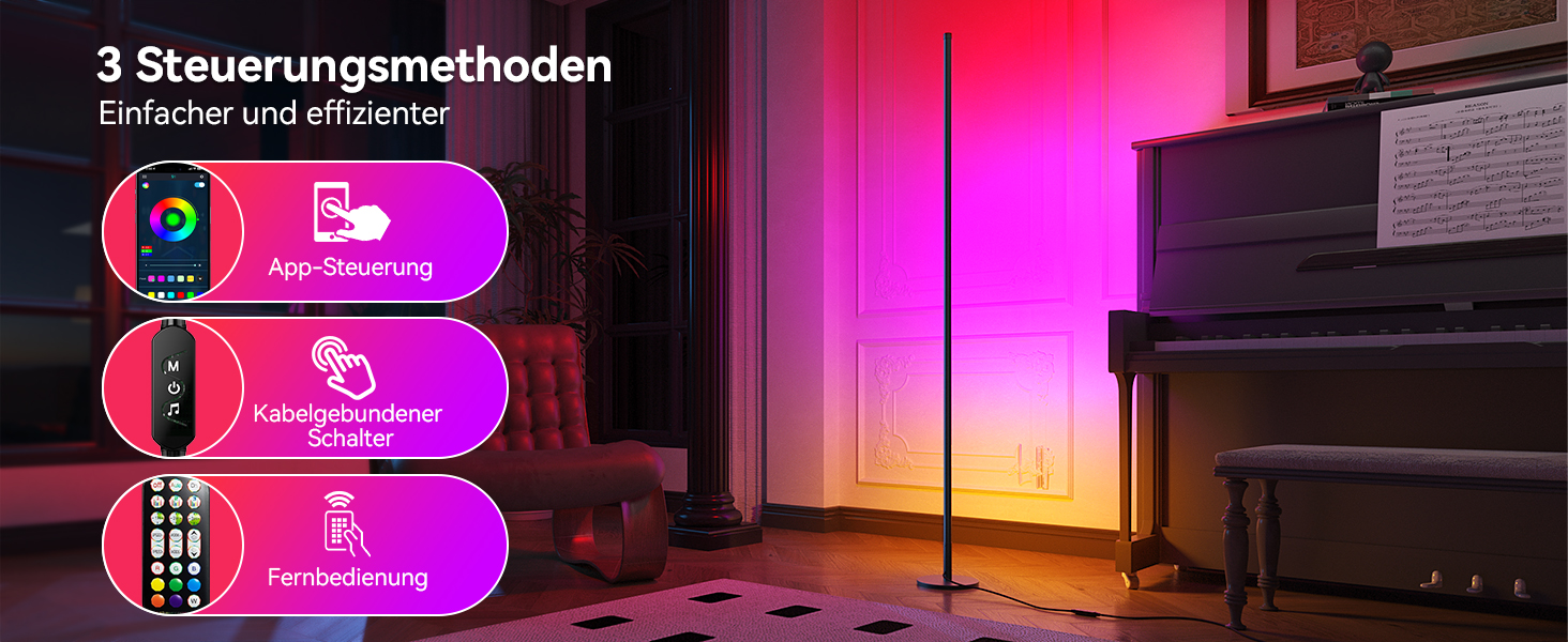 LED торшер для вітальні 160 см RGB кутовий, димується, з пультом та додатком, музичні режими, DIY, таймер - для спальні, геймінгу