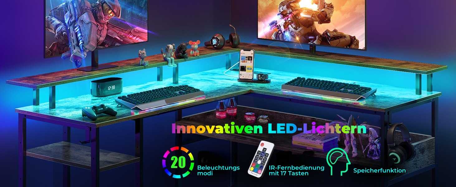 Ігровий стіл Rolanstar L-подібної форми з LED-підсвічуванням та розетками, стіл для геймінгу з підставкою для монітора та полицею, кутовий стіл з 2 гачками, великий обертовий комп'ютерний стіл для офісу (Vintage 137 x 108 см), вінтажний коричневий