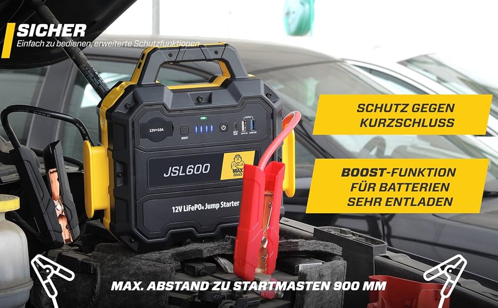 Бустерний пускач MAXTOOLS JS500 2200A 22Ah для авто та мікроавтобусів 12V (бензин/дизель), Powerbank з LED-ліхтарем та USB-портом