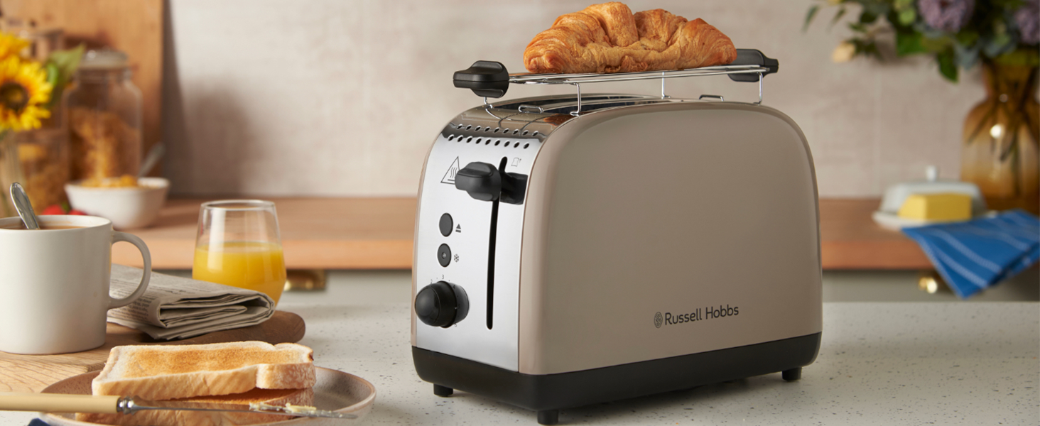 Тостер Russell Hobbs Colours Plus Edelstahl на 2 тости, Мока. Широкі слоти, підставка для булочок, 6 режимів, розморожування, Lift & Look, 1600 Вт