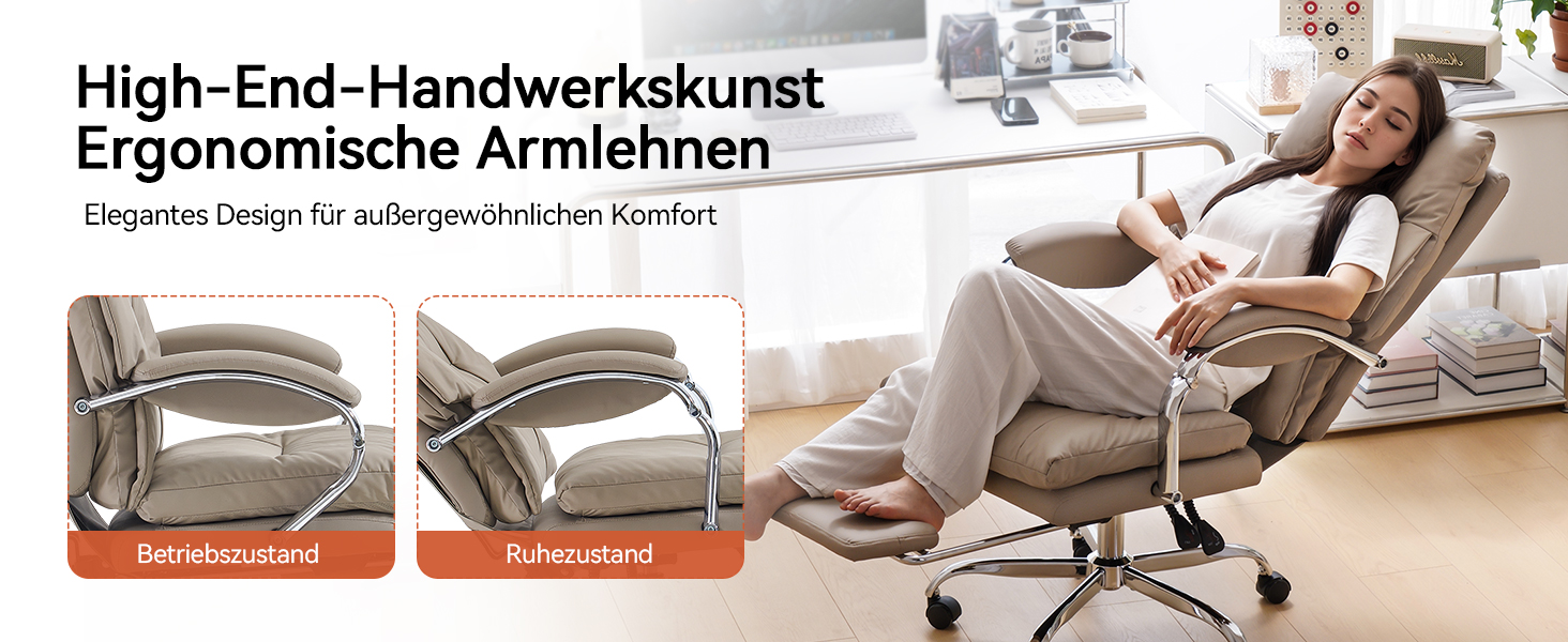 Офісний крісло EMIAH з підніжкою: ергономічний крісло для офісу та дому, з PU шкіри, підніжкою, підлокітниками та колесами. Підходить для роботи за комп'ютером та ігор. Колір: хакі. Без функції масажу.