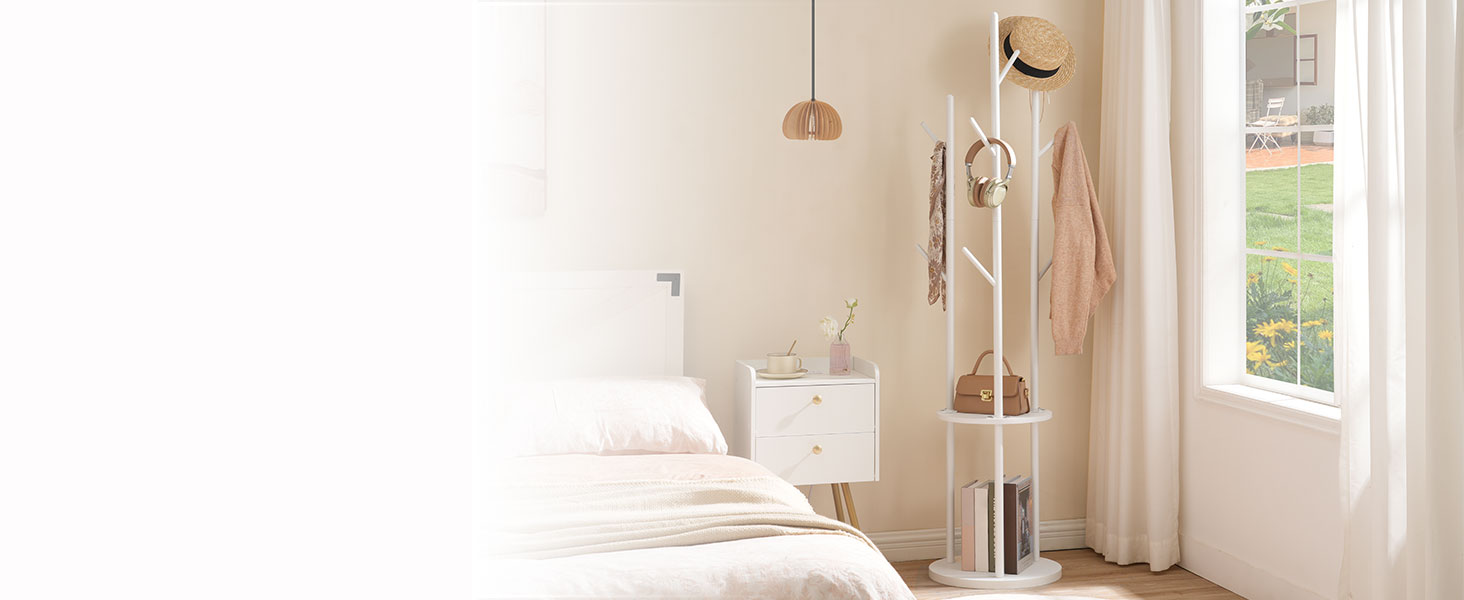 HOOBRO Стійка для одягу, підлого стояння, у вигляді дерева з 8 гачками та 2 круглими полицями, для одягу, капелюхів, сумок, вітальні, спальні, офісу, темно-коричневий/чорний