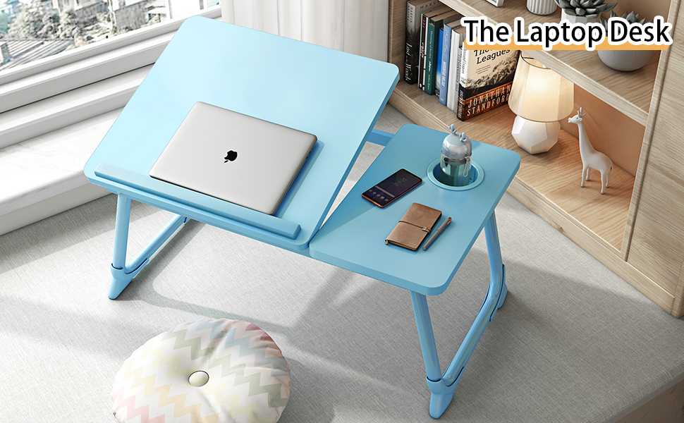 Стіл для ноутбука на ліжко з регульованими ніжками та тримачем для чашки, підставка для читання, стіл для сніданку на диван, ліжко, терасу, балкон (Білий, Синій)