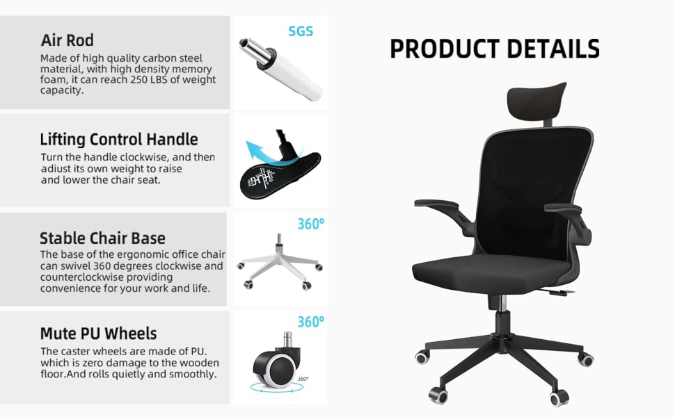Офісний крісло Monhey з регулюванням висоти, поворотне, з відкидними підлокітниками, дихаюча сітка, регульована підголовник та інтелектуальна підтримка попереку – для дому та офісу (чорний)