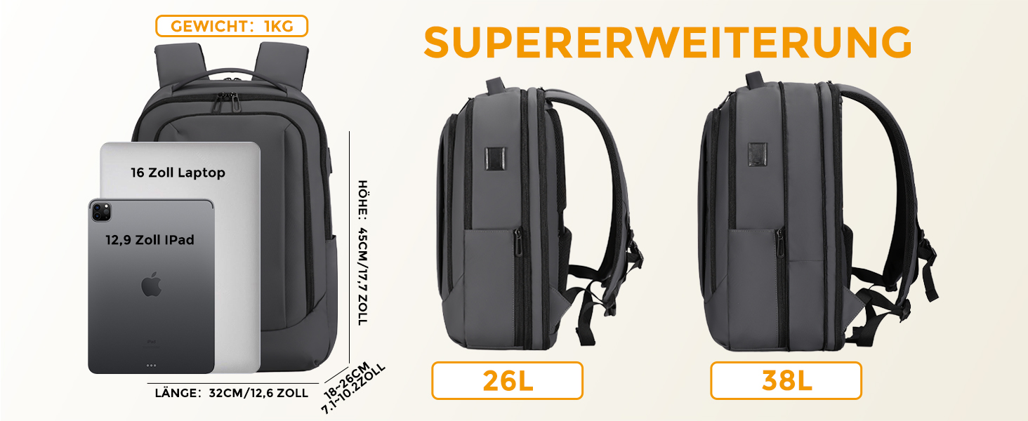 Рюкзак для ноутбука FENRUIEN 26L-38L, бізнес, 15.6 дюймів, USB-порт для зарядки, чорний