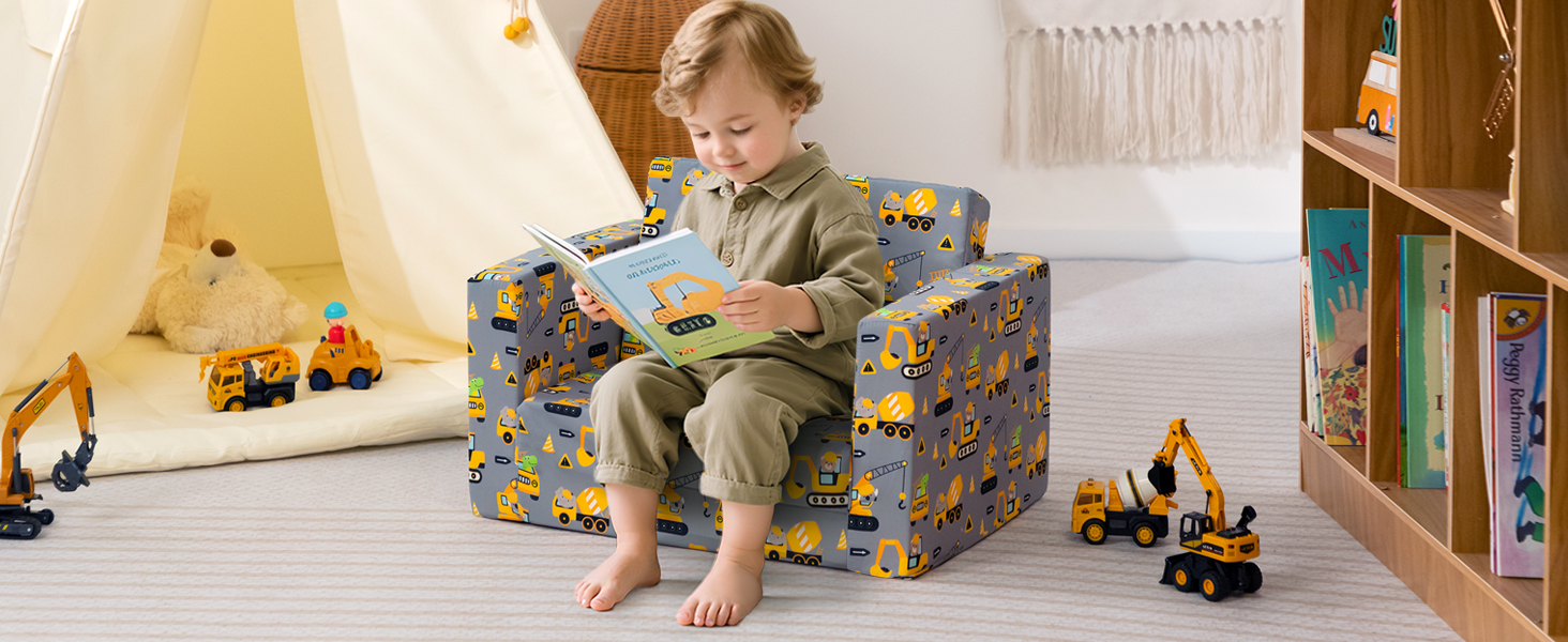 Дитяче диван-ліжко BEJOY 2 в 1: диванчик та крісло, Sherpa, сірий з машинками для дитячої кімнати, подарунок