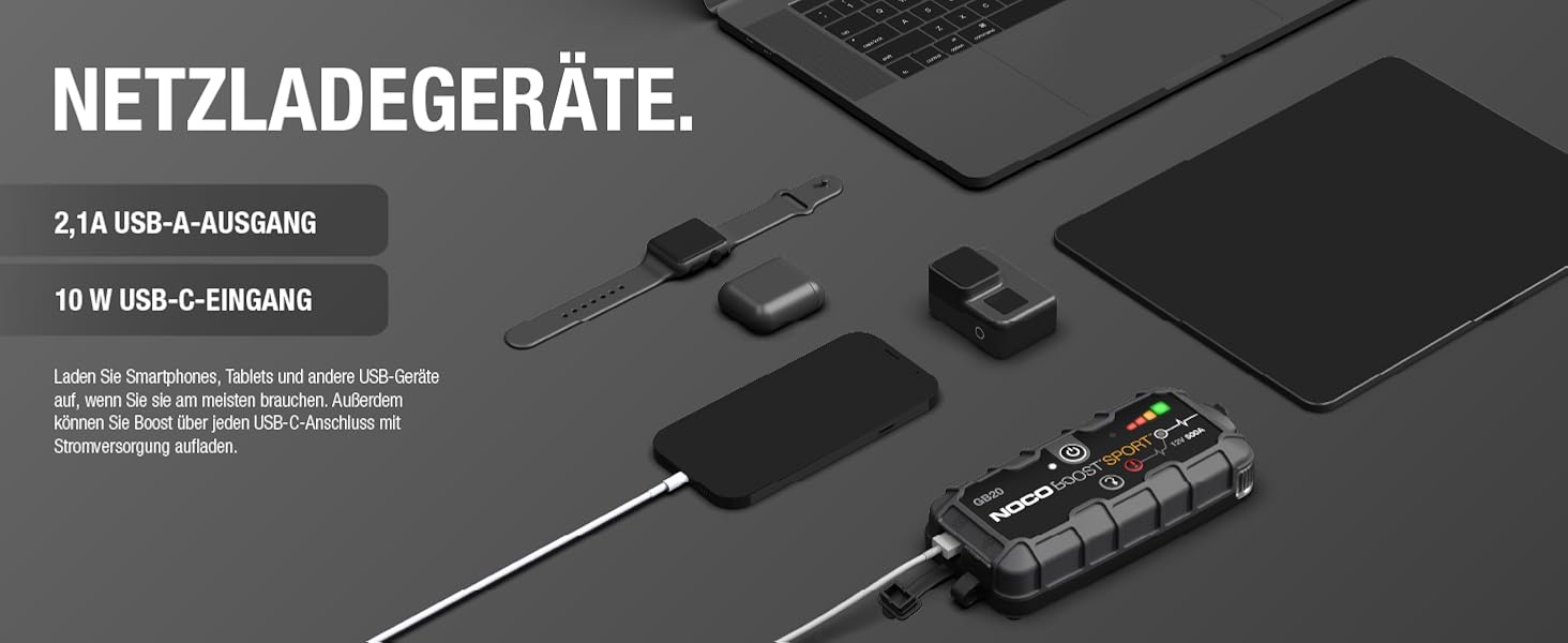 Портативний пусковий пристрій NOCO Boost GB20: 500A UltraSafe Powerbank - 12V літієвий стартер з кабелями для бензинових двигунів до 4.0L