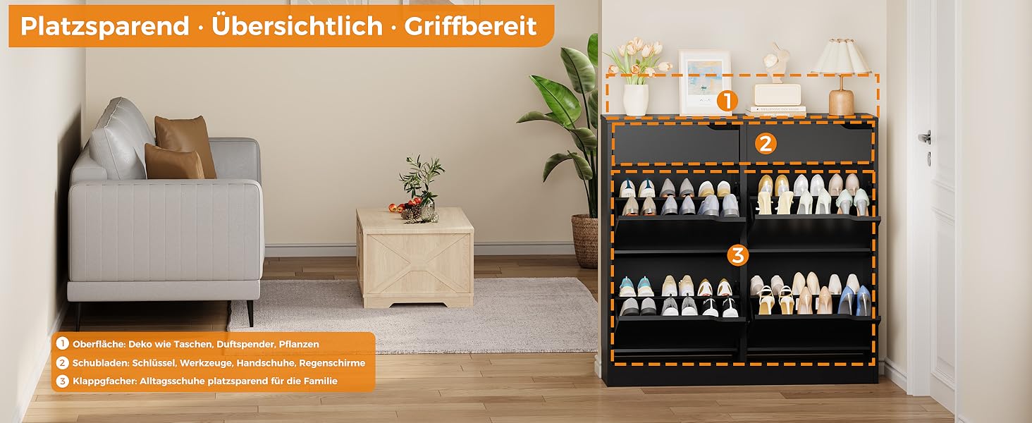 Шкаф для взуття IRONCK з 4 дверцятами, вузький, з 2 висувними ящиками, окремо стоячий, з регульованими перегородками, для передпокою, входу та вітальні (Білий) Білий (100x23.5x98см, Чорний)