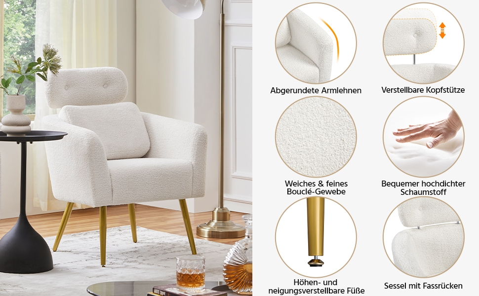 Крісло Yaheetech з тканини букле, м'яке, з регульованою підголівником, для вітальні/офісу, біле