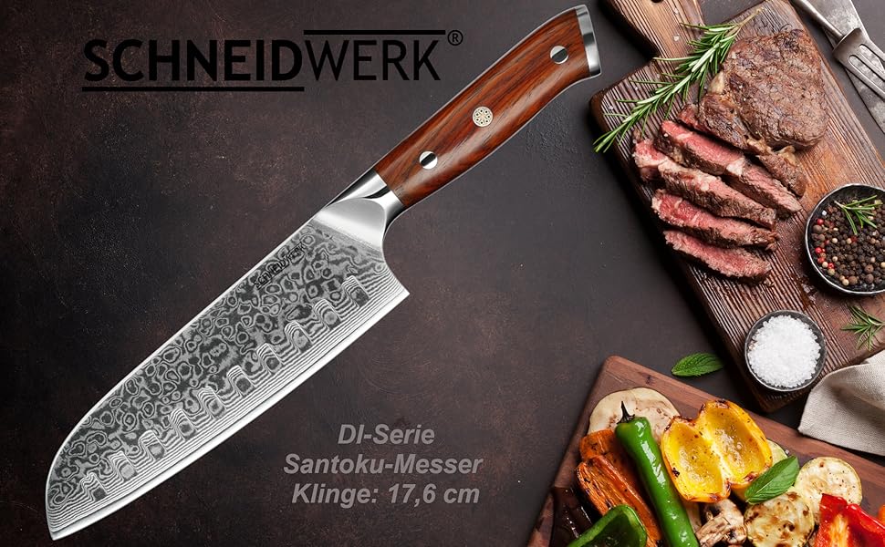 SCHNEIDWERK Santoku ніж з дамаської сталі, кухонний ніж 17.6 см, 67 шарів нержавіючої сталі, кухонний ніж з дамаської сталі, дуже гострий, DI-серія