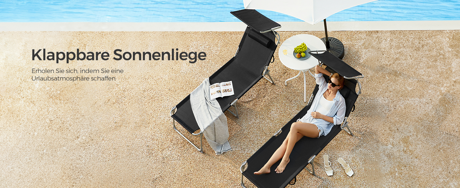 Лежак для відпочинку SONGMICS, розкладний, 193 x 53 x 29 см, до 150 кг, захист від сонця, подушка, регульована спинка, для саду, басейну, тераси (Чорний)