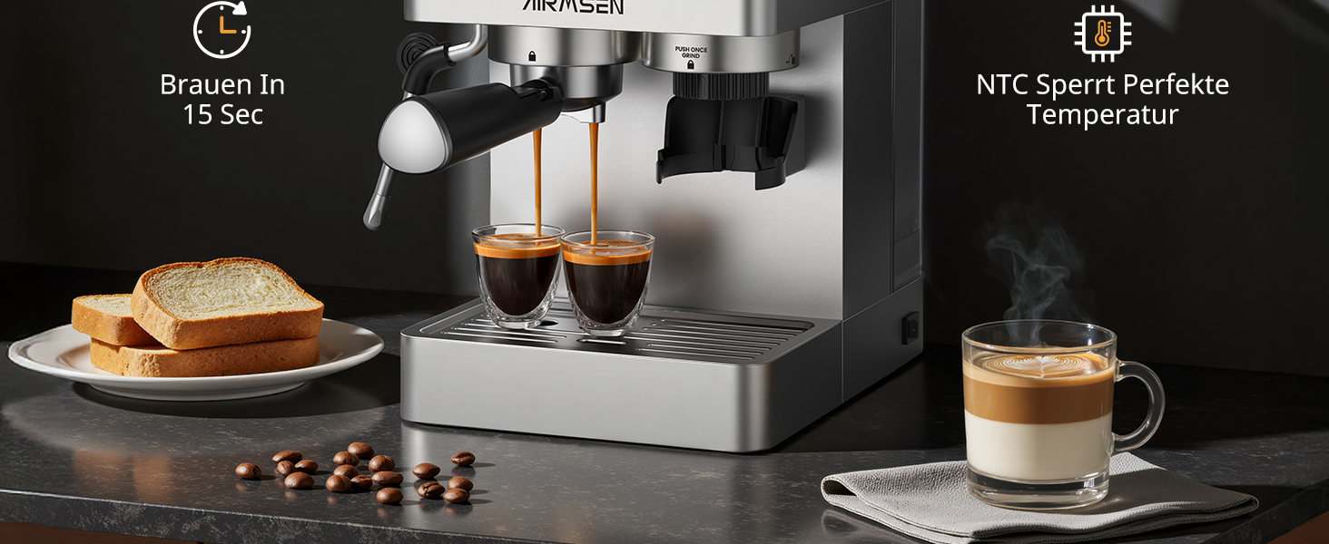 Еспресо-машина Siebträger з прозорою колбою, 20 Bar, автоматичний спінювач молока, для капучино та лате, Dual Boiler (1350W & 1000W), 15s екстракція, нержавіюча сталь, бак 1.8L, сенсорний дисплей, автоматичний спінювач молока (з млинком)