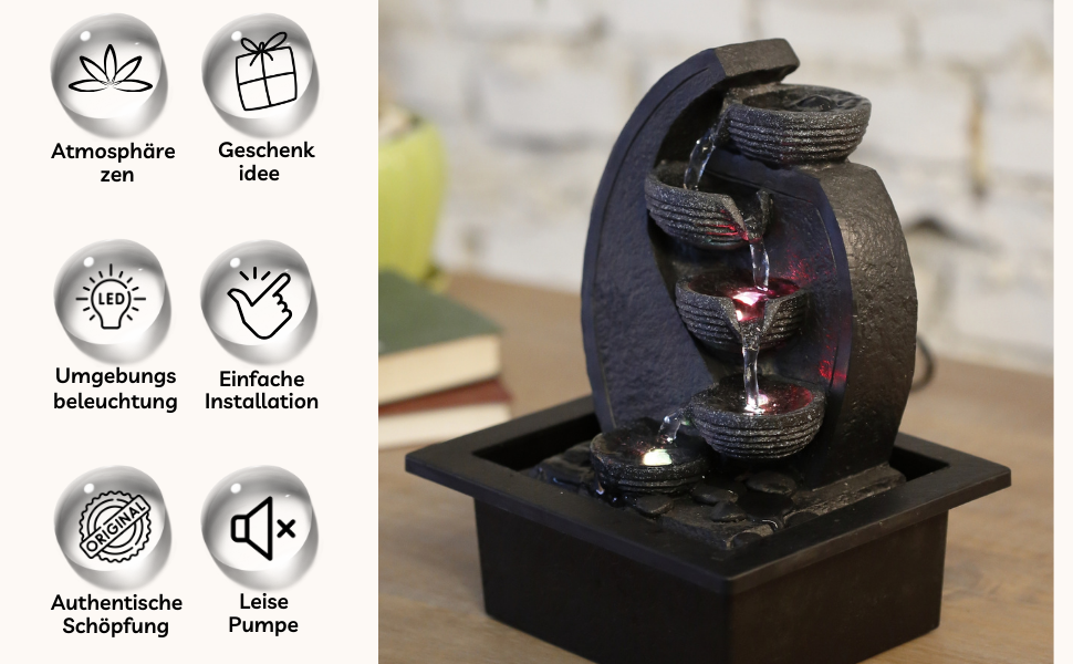 Джерело води Zen'Light Zimmerbrunnen V2 з 4 рівнями, імітація натурального каменю та кольоровим LED-підсвічуванням. Сучасна декор для столу, ідеально для медитації та релаксації. Висота 26 см. Унікальний дизайн.