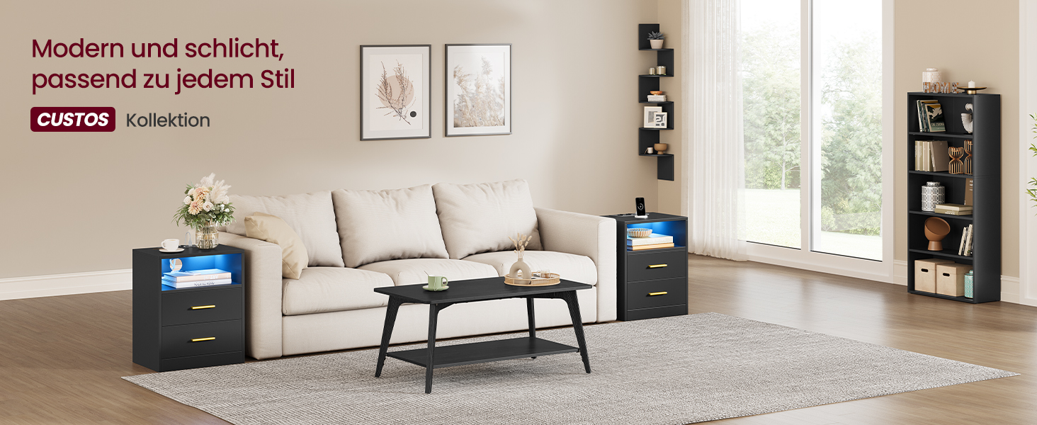 VASAGLE Custos: Набір з 2 тумбочок з LED-підсвічуванням та зарядкою, чорний, з шухлядами, 2 розетки AC та USB